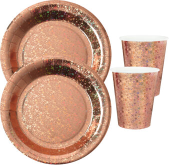 Feest wegwerp servies set - glitter - 10x bordjes / 10x bekers - rose goud - Feestpakketten