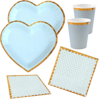 Feest wegwerp servies set - hartje - 10x bordjes / 10x bekers / 20x servetten - blauw/goud - Feestpakketten