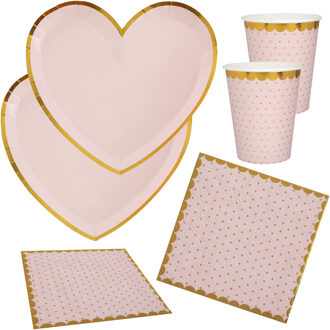 Feest wegwerp servies set - hartje - 10x bordjes / 10x bekers / 20x servetten - roze/goud - Feestpakketten