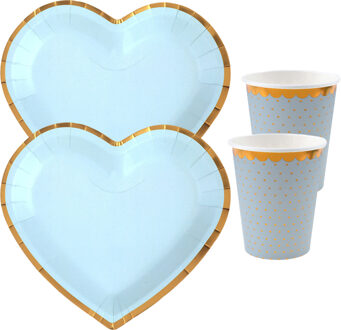 Feest wegwerp servies set - hartje - 10x bordjes / 10x bekers - blauw/goud - Feestpakketten