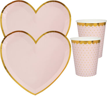 Feest wegwerp servies set - hartje - 10x bordjes / 10x bekers - roze/goud - Feestpakketten