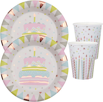 Feest wegwerp servies set - verjaardagstaart - 10x bordjes / 10x bekers - wit/rose goud - Feestpakketten