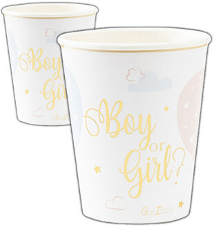 Feestbekers met hoesjes - 16x - geboorte - gender reveal - blauw en roze - papier - 250ml