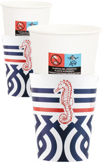 Feestbekers met hoesjes - 16x - nautisch - navy - papier - 250ml - maritiem - strand