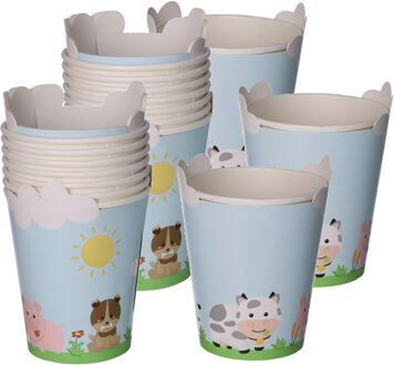 Feestbekers met hoesjes - 24x - boerderij dieren - kinderfeestje - papier - themafeestje - 250ml