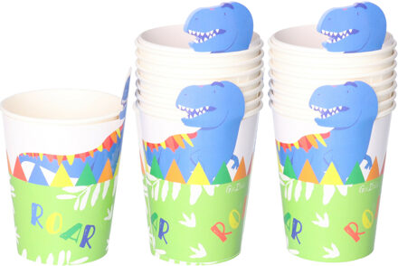 Feestbekers met hoesjes - 24x - dinosaurus - groen - papier - themafeestje - verjaardag - 250ml