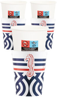 Feestbekers met hoesjes - 24x - nautisch - navy - papier - 250ml - maritiem - strand