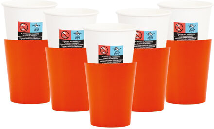 Feestbekers met hoesjes - 24x - oranje - papier - 250ml