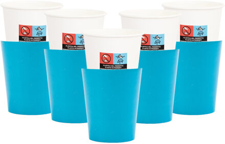 Feestbekers met hoesjes - 24x - turquoise blauw - papier - 250ml