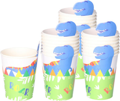 Feestbekers met hoesjes - 32x - dinosaurus - groen - papier - themafeestje - verjaardag - 250ml