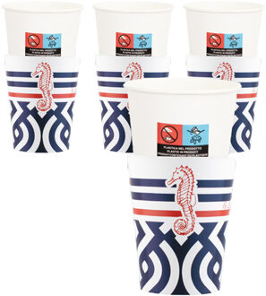 Feestbekers met hoesjes - 32x - nautisch - navy - papier - 250ml - maritiem - strand