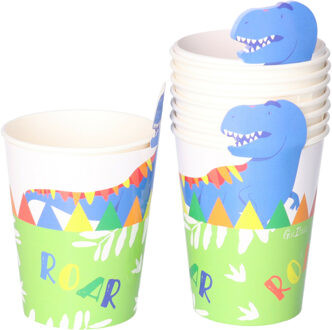 Feestbekers met hoesjes - 8x - dinosaurus - groen - papier - themafeestje - verjaardag - 250ml