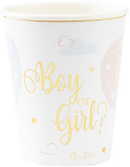 Feestbekers met hoesjes - 8x - geboorte - gender reveal - blauw en roze - papier - 250ml