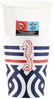 Feestbekers met hoesjes - 8x - nautisch/maritiem thema - navy - papier - 250ml - strand