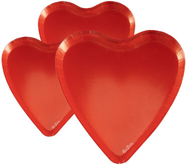 Feestbordjes - 24x - hart vormig - rood - karton - 17 x 18 cm