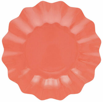 Feestbordjes/gebaksbordjes met schulprand - 8x - koraal roze - rond - karton - 21 cm