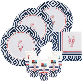 Feestbordjes/servies set - 16 personen - nautisch thema - navy - papier/karton - strand - maritiem
