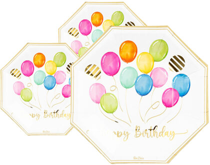 Feestbordjes/verjaardagsbordjes - gebaksbordjes - 24x - ballonen thema - 8-hoekig - papier - 19 cm
