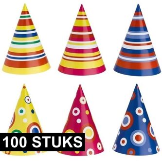 Feesthoedjes - 100x stuks - multicolor - multiprint - kinderfeestje - karton