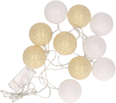 Feestverlichting lichtsnoer met katoenen balletjes - wit/goud - 300 cm - ballen van 6 cm Goudkleurig
