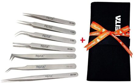 FEITA Rvs Tweezer Set Precisie Pincet met Draagtas voor Schoonheid, Industriële, Sieraden, Micro-elektronica, ambachten 7PC