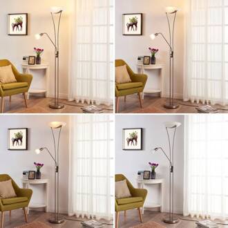 Felicia uplighter met leeslamp, nikkel nikkel satijn, albast wit