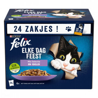 FELIX Elke Dag Feest Mix Selectie met tonijn, zalm, rund, kip in gelei kattenvoer (24x85g) 4 x (96 x 85g)