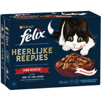 FELIX Heerlijke Reepjes Farm Selectie met rund, kip, eend, kalkoen in saus natvoer kat 48 x 80 g Vis selectie + 48 x 80 g Farm selectie
