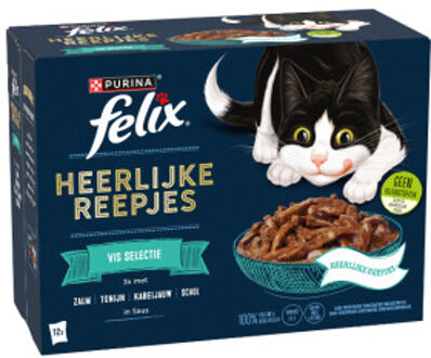 FELIX Heerlijke Reepjes Vis Selectie met zalm, tonijn, kabeljauw, schol in saus natvoer kat 48 x 80 g Vis selectie + 48 x 80 g Farm selectie