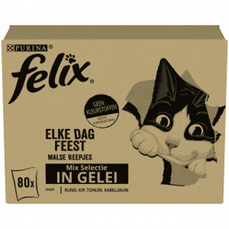 FELIX Purina Felix Elke Dag Feest Mix Selectie met tonijn, kabeljauw, rund, kip in gelei natvoer kat (80x85 g) 1 doos (80 stuks)