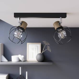 Fence plafondlamp metaal/hout, 2-lamps. zwart, chroom, licht hout