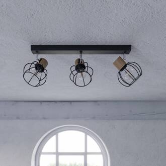 Fence plafondlamp, metaal/hout, 3-lamps. zwart, chroom, licht hout