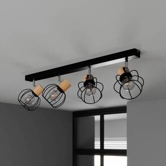 Fence plafondlamp, metaal/hout, 4-lamps. zwart, chroom, licht hout