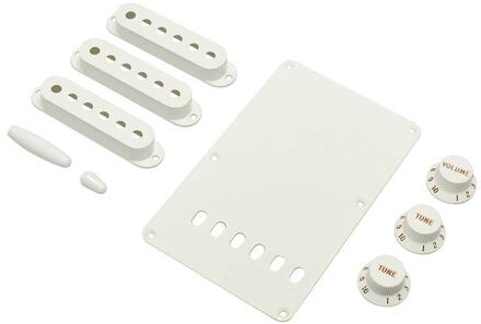 Fender 0991362000 strat accessory kit, contains pot knobs, switch tip, backplate, pickup covers, white