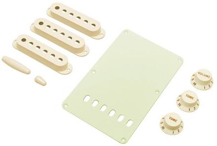 Fender 0991368000 strat accessory kit, contains pot knobs, switch tip, backplate, pickup covers, aged white