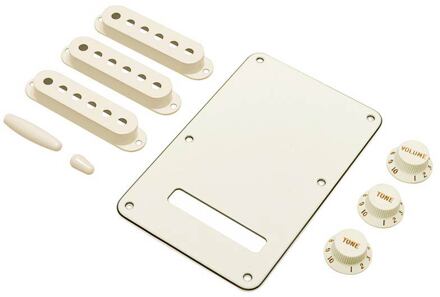 Fender 0991395000 strat accessory kit, contains pot knobs, switch tip, backplate, pickup covers, parchment