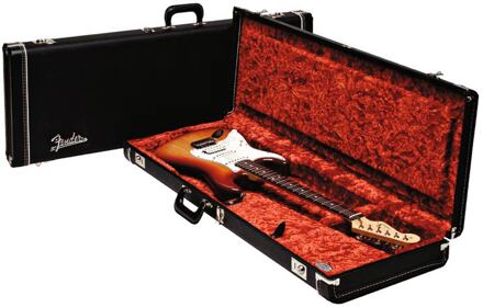 Fender 0996103906 luxe koffer voor elektrische gitaar luxe koffer voor elektrische gitaar, lederen handvat en uiteinden, zwart tolex & oranje int., links
