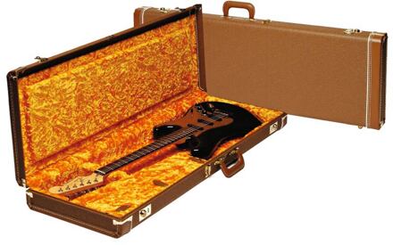 Fender 0996108422 luxe koffer voor elektrische gitaar luxe koffer voor elektrische gitaar, lederen handvat en uiteinden, bruin tolex & goud pluche int.
