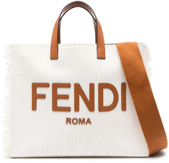 Fendi Canvas Shopper Tas met Leren Rand Fendi , White , Heren - ONE Size