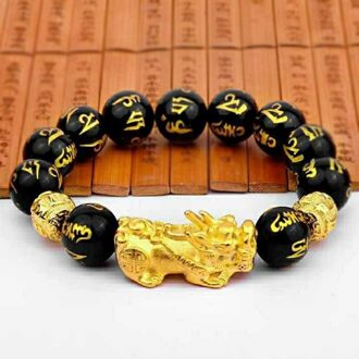 Feng Shui Obsidiaan Steen Kralen Armband Mannen Vrouwen Unisex Polsband Goud Zwart Bixie Rijkdom En Geluk Vrouwen Armband
