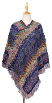 Fengguilai Stijl Vrouwen Kwastje Mantel Trui Casual Coltrui Breien Truien Batwing Mouw Patchwork Capes One Size blauw