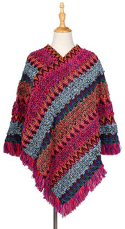 Fengguilai Stijl Vrouwen Kwastje Mantel Trui Casual Coltrui Breien Truien Batwing Mouw Patchwork Capes One Size roze