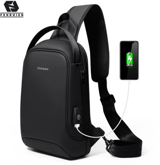 Fenruien Men Shoulder Bag for 9.7" iPad USB Charging Chest Bag Short Trip Water Repellent Crossbody Bag Black 2020 New