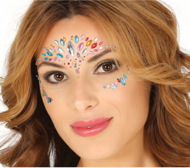Festival Gezicht stickers - multi kleur - glitter diamantjes - strass steentjes/plakdiamantjes