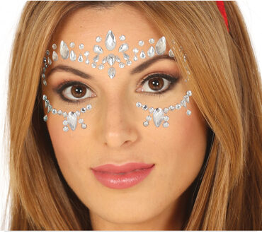 Festival Gezicht stickers - zilver - glitter diamantjes - strass steentjes/plakdiamantjes