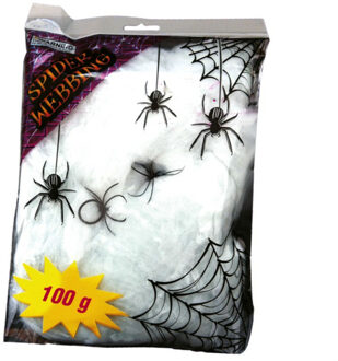 Fiestas Decoratie spinnenweb/spinrag met spinnen - 100 gram - wit - Halloween/horror versiering - Feestdecoratievoorwerp