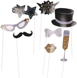 Fiestas foto prop set Oud & Nieuw - 9-delig - met poster - Oudjaarsavond/NYE - photo booth - Fotoprops Zwart