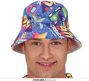 Fiestas Foute 80s/90s print party vissershoedje - blauw - jaren 80/90 verkleed accessoires - volwassenen onze size - Ver