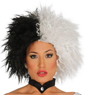 Fiestas Halloween verkleedpruik kort haar - zwart/wit - dames - Devil lady Multi