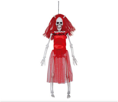 Fiestas Horror/halloween decoratie skelet/geraamte pop - duivel vrouw - 40 cm - Halloween poppen Rood